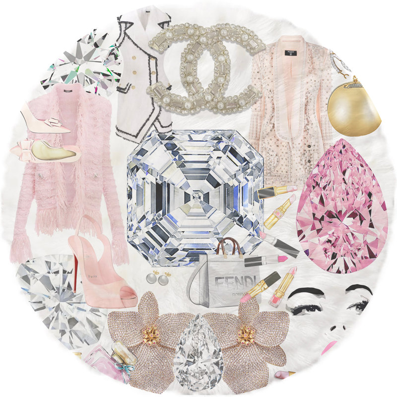 Geometric Area Rug, Pink White, Round 8'