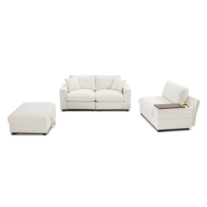 Comfy Cloud Couch: canapé modulaire en forme de L de 120,3 po avec rangement, plateau rotatif à 360 degrés, porte-gobelets et hublots 5 places, siège moelleux, style moderne, compartiments d'accoudoirs en lin beige, grande douceur,
