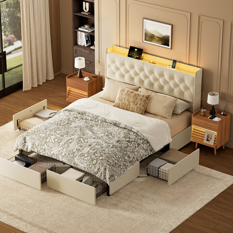 Ensemble de chambre à coucher 3 pièces, lit rembourré avec 4 tiroirs et 2 tables de chevet inclinées, Beige / Naturel