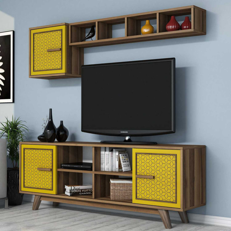 Modern TV Unit with Wall Shelf & Cabinet, Walnut and Yellow, 63.0 x 22.1 x 13.8 inches | 100% Melamine Coated Particle Board, Thickness: 0.7 inches | Versatile Design with Numerous Shelves, Perfect for Contemporary Living Rooms