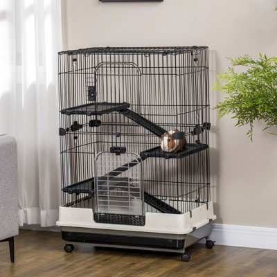 Metal Small Animal Enclosure With Wheels, Black. For Rabbit, Chinchilla, Ferret. Includes Removable Tray. 32"l X 20.75"w 43.25"h 4-level Cage Tray - ,