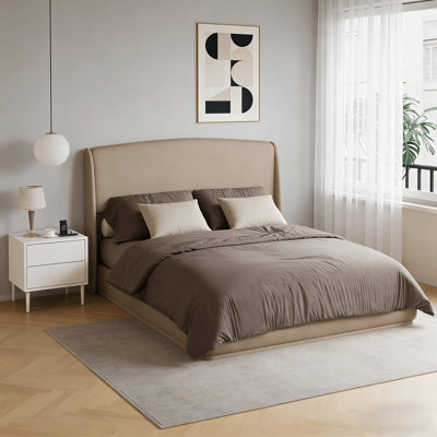 Queen Low Profile Upholstered Bed With Wingback Headboard