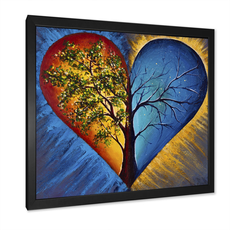 Arbre en bleu et orange - peinture, Cadre photo noir, H 36 po x l 36 po