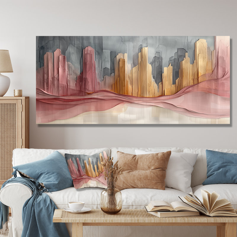 Abstrait doré et rose New York City I - Art abstrait à encre liquide, H 28 po x l 60 po, Toile tendue, Ne s'applique pas