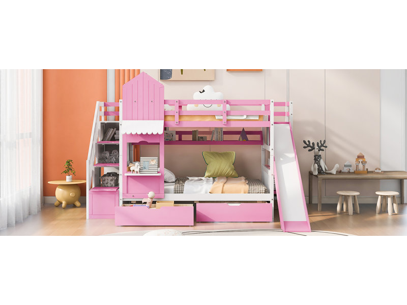 Lit superposé rustique avec bois de pin massif et panneau de fibres à densité moyenne, Simple sur simple, Rose