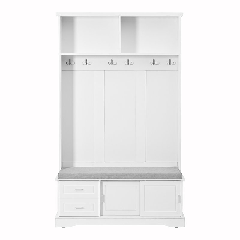 White Wood Hall Tree with Storage Bench and Sliding Doors