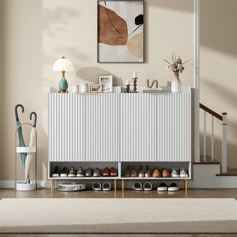 Fluted Modern Shoe Cabinet With Adjustable Shelves And Open Compartment, White