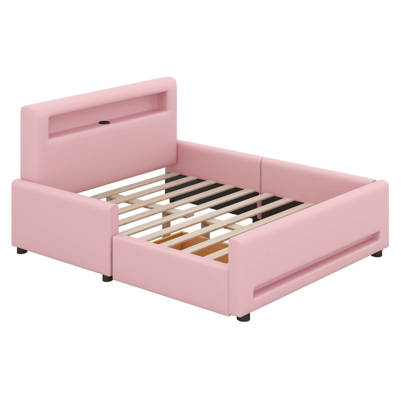Lit plateforme tapissier avec tiroir, lumière DEL, tiroir de rangement, Lit double, Rose