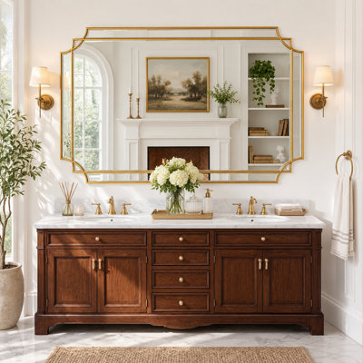 Modern Decorative Wall Mirror, Gold Wooden Frame Accent Mirror for Living Room