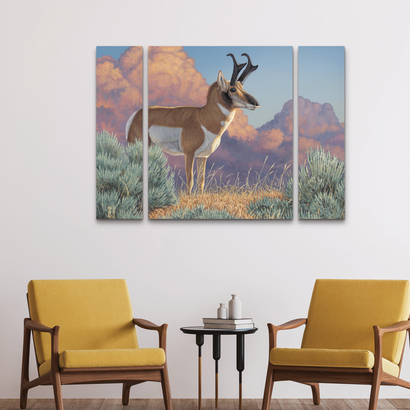 Ensemble de 3 panneaux muraux - Jeff Hoff «After the Storm Pronghorn», art mural sur toile pour le salon, la chambre à coucher ou le bureau 