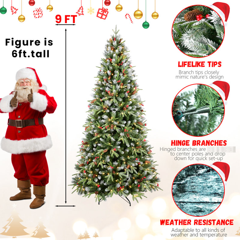 Arbre de Noël 7,5 pi avec branches enneigées, 500 lumières DEL blanc chaud, baies rouges, pin, conception à charnières pour une installation rapide de support en métal Pe + Stable