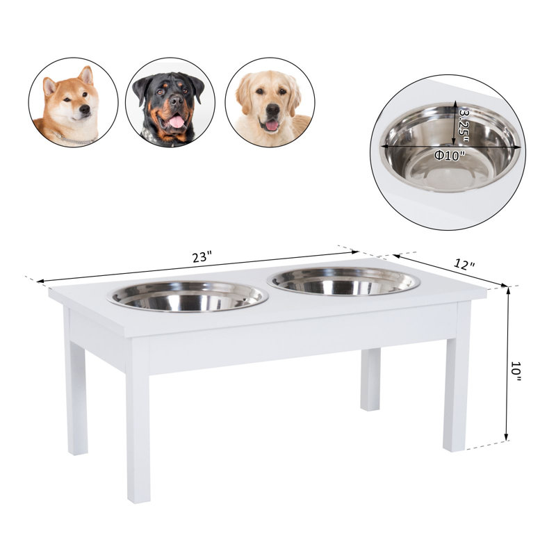 White Elevated Wooden Pet Feeding Station with Stainless Steel Bowls