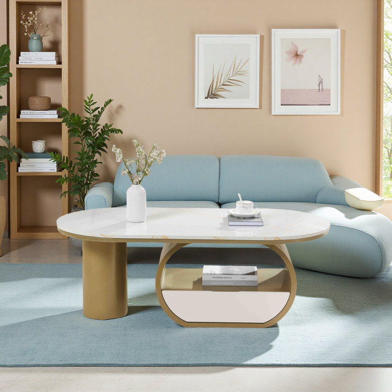 Table basse luxueuse moderne ovale, table basse de 47,24 po avec tiroir de rangement, plateau en faux marbre