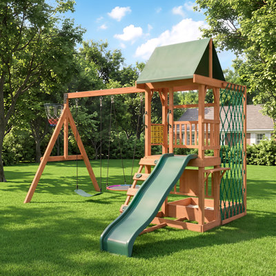 Maisonnette de jardin pour enfants, balançoire en bois avec glissade, panier de basketball, échelle d'escalade, filet à trésors et bac à sable : une aire de jeux tout-en-un pour le jardin.