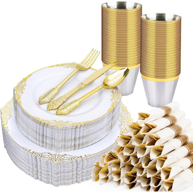 Ensemble de 350 assiettes en plastique blanc et or pour 50 invités