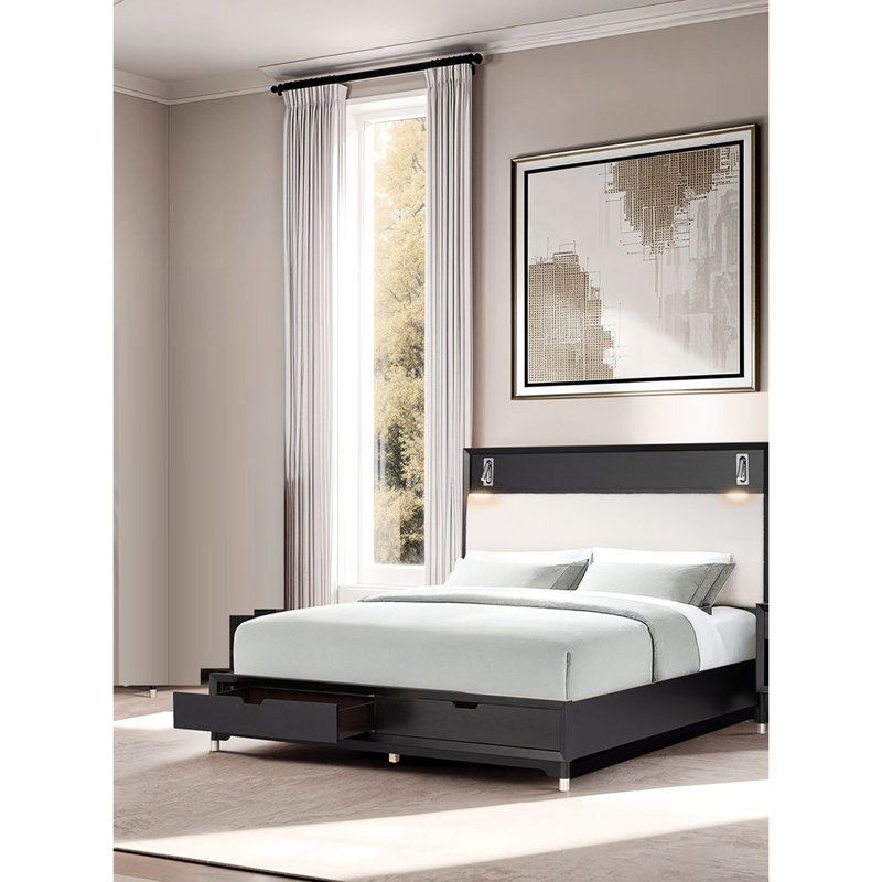 Mid - Century Modern Eastern King Bed, Solid Wood And Fabric Upholstered Headboard, Gold Capped Legs Port Size Bed In Style, Walnut Wood, Headboard With Led Lights Reading