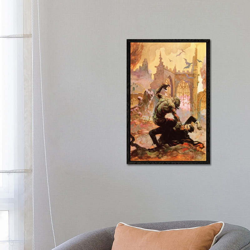 Dracula Vs Wolfman by Frank Frazetta - Print on Canvas, 66.04 cm H x 45.72 cm W, Black Framed Canvas