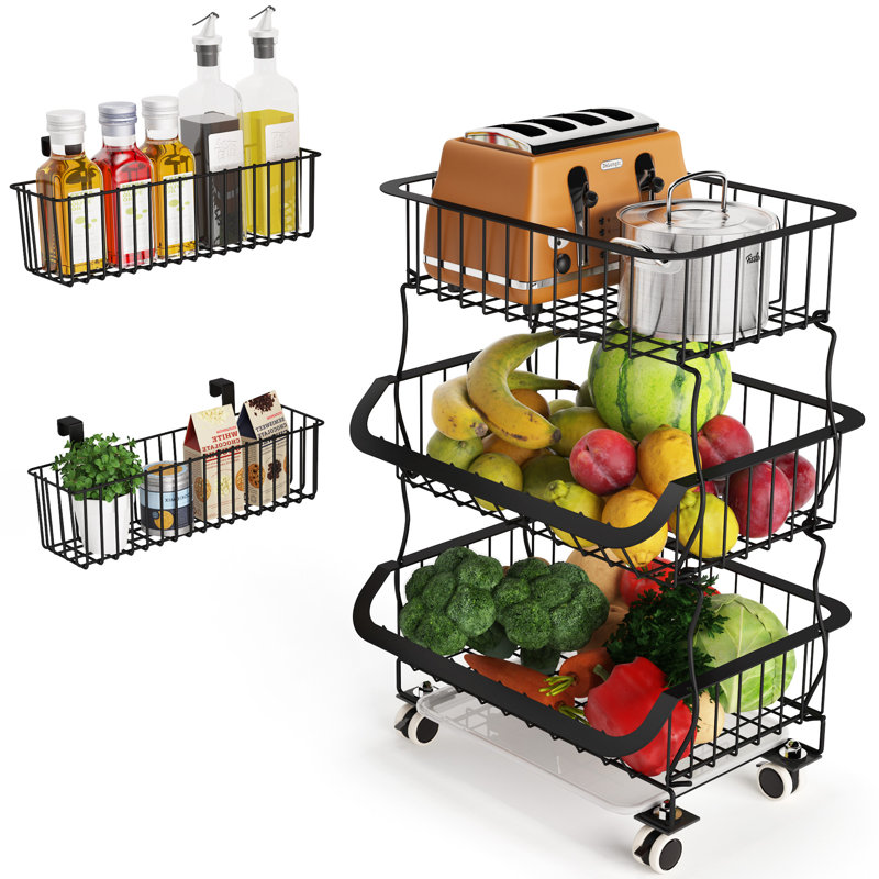 Baist 3-Tier Stackable Metal Wire Basket Cart with Lockable Wheels