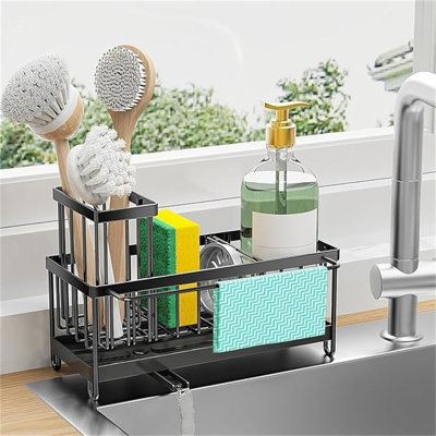 Porte-éponge pour évier de cuisine, organisateur d'évier de cuisine et rangement avec porte-brosse haute, accessoires d'évier de cuisine en acier inoxydable 304 antirouille