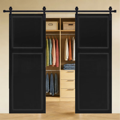 Double 2 panneaux modernes 80 po x 24 po Porte de grange coulissante en bois de noyer noir avec ensemble de quincaillerie