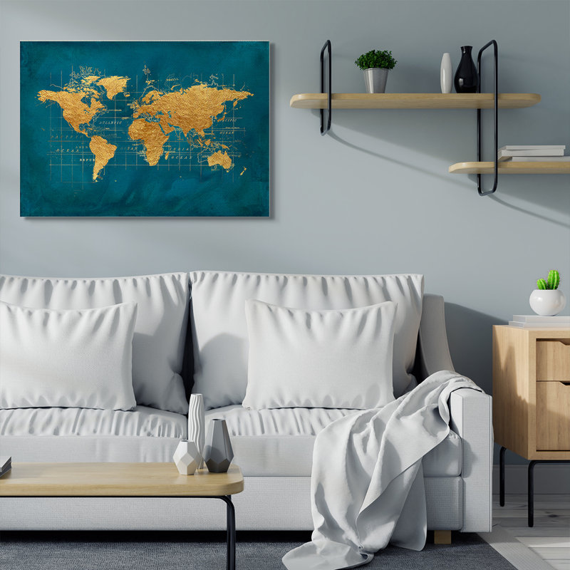 «World Map Gold Blue Texture Watercolor Map Design» par Beth Albert - impression d'art graphique, Toile tendue