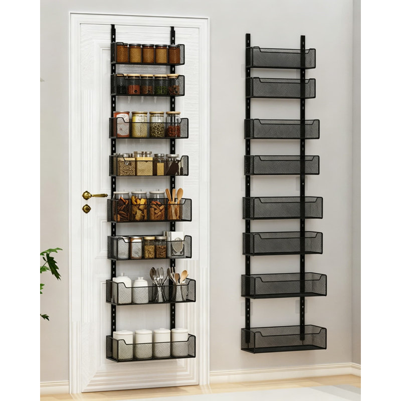 Organisateur au-dessus de la porte avec paniers en filet entièrement fermés, support à épices réglable à 8 niveaux pour garde-manger, rangement en métal robuste pour la salle de bain de la cuisine, fixation murale ou de porte 2-en-1