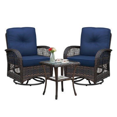 Ensemble de conversation 3 pièces, ensemble bistro de patio pivotant en osier, chaise berçante avec plateau en verre