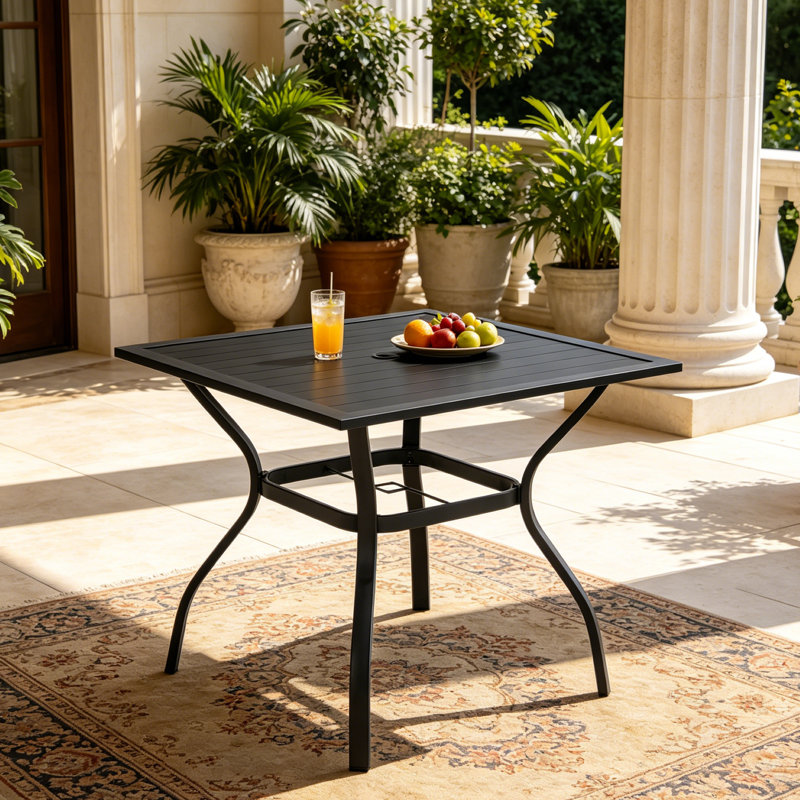 Square Metal Outdoor Dining Table with Umbrella Hole - Slatted Tabletop, Weather-Resistant for Patio, Garden, Backyard