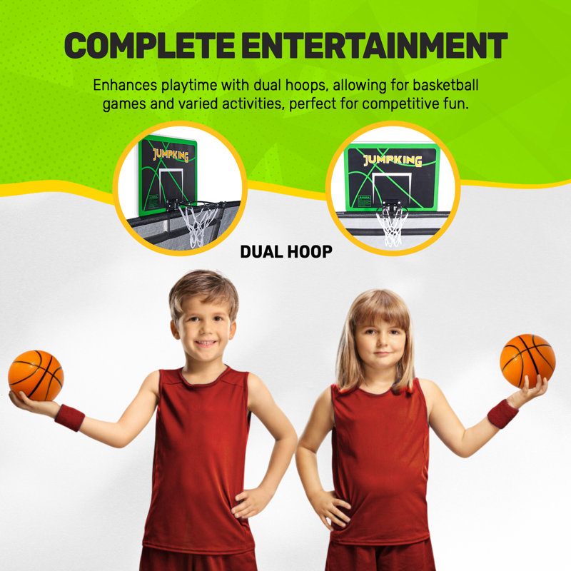 Black Rectangular Steel Trampoline with Enclosure and Basketball Hoop