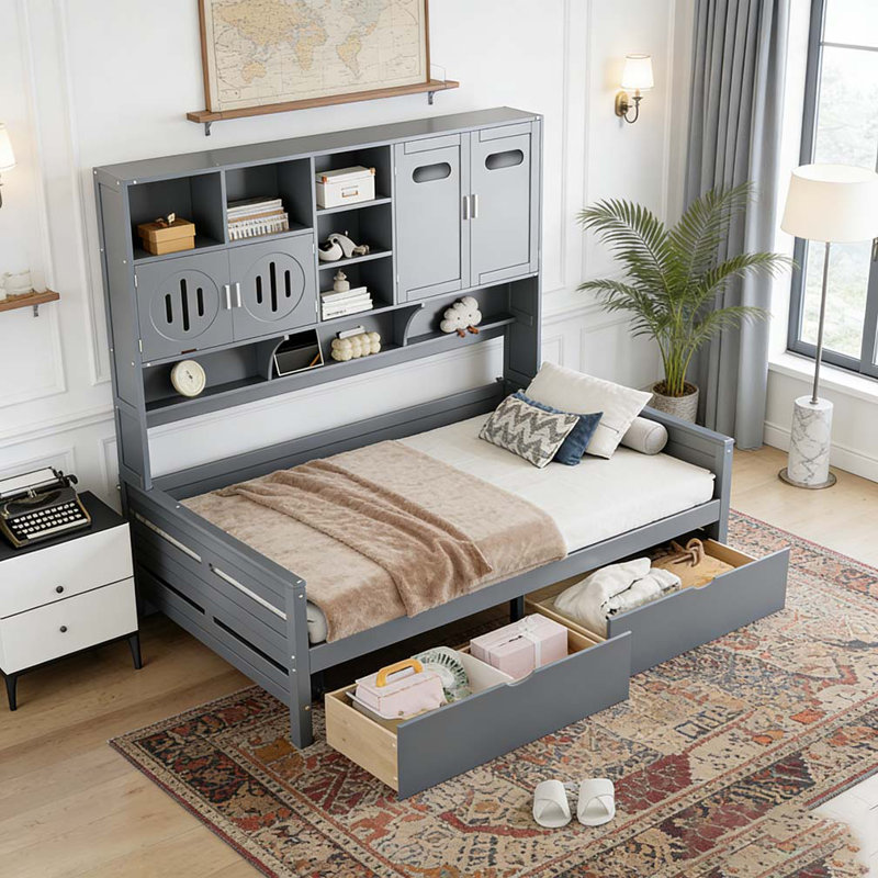 Lit de jour en bois, Double, Gris