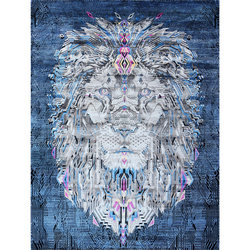 Hand Knotted Area Rug in Black/Blue/White/Gray, Rectangle 9' x 12'