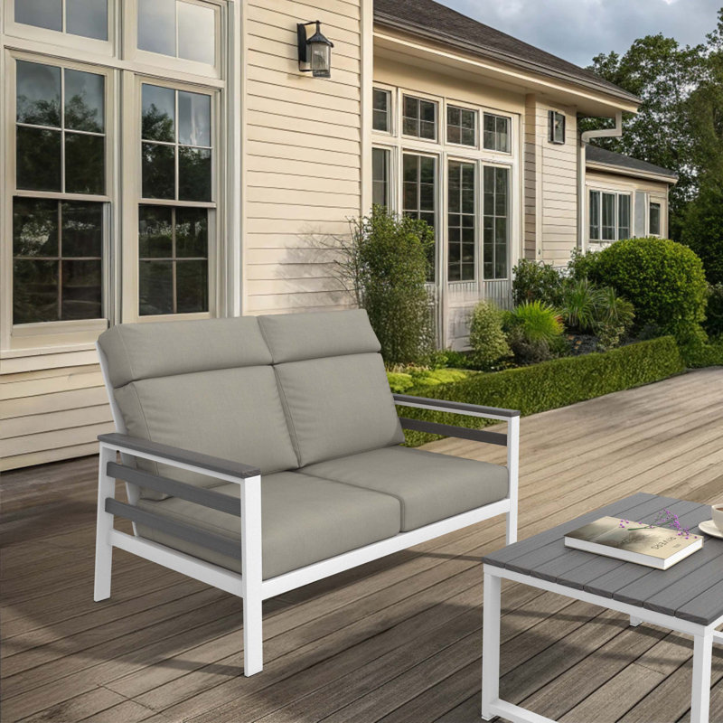 Townsend Metal Outdoor Loveseat With Sunbrella Cushion, Solid Color, Gray