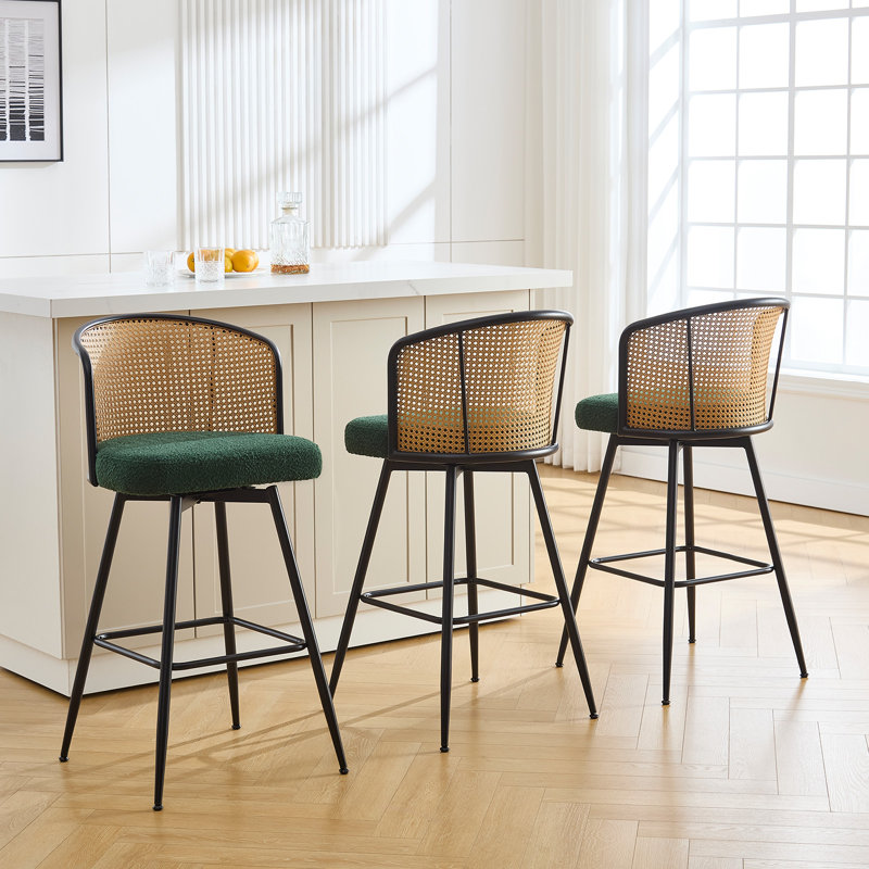 Green Boucle Fabric Swivel Bar Stools with Rattan Back and Metal Legs