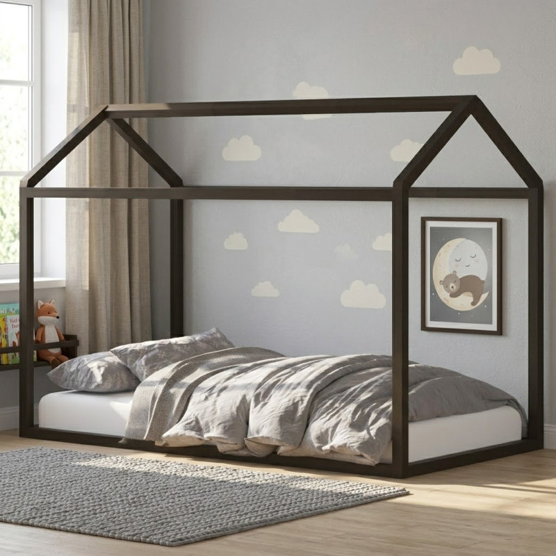 Rosa Solid Wood Kids Canopy Bed Frame, Taupe, Full