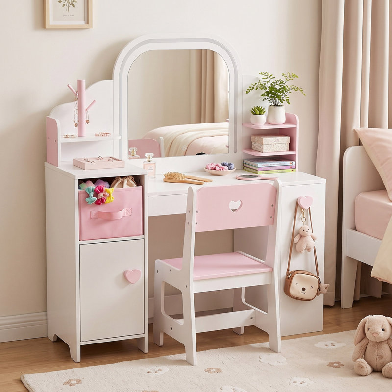 Ensemble de coiffeuse pour enfants avec miroir lumineux à DEL, bibliothèque, armoire de rangement et chaise pour filles