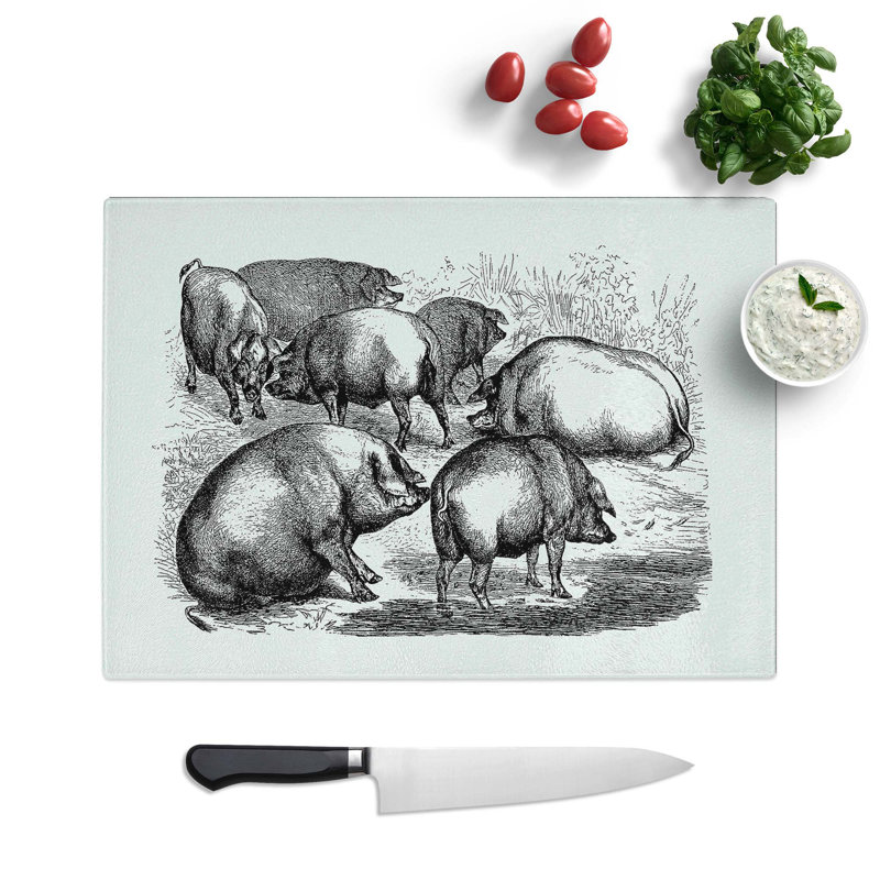 Tempered Glass Pigs Illustration Chopping Board, 28.5 cm W x 20 cm L