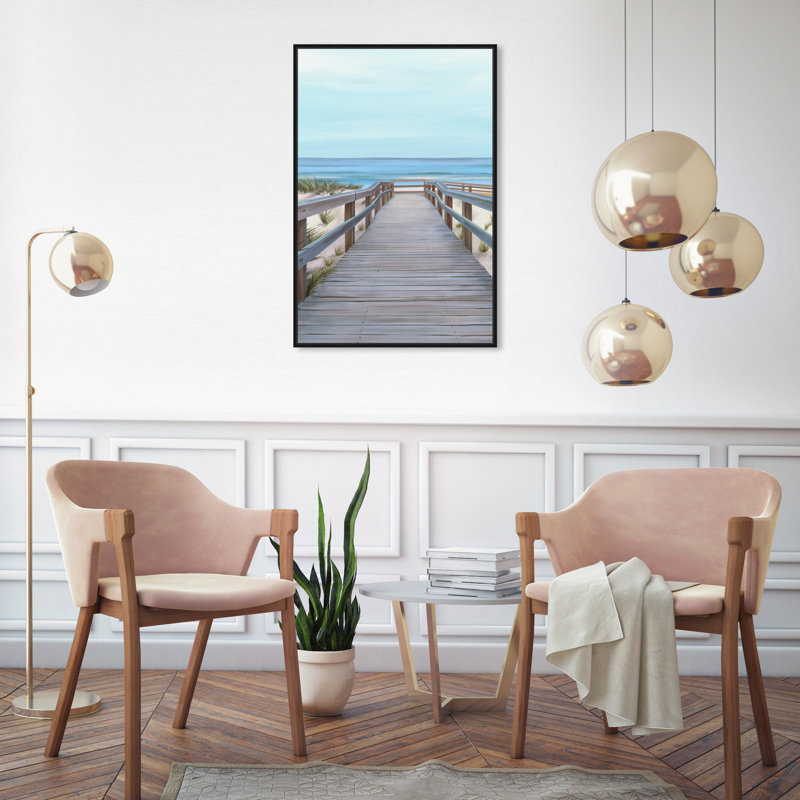 Plage avec vue - reproduction sur toile, Toile avec cadre noir, H 30 po x l 20 po