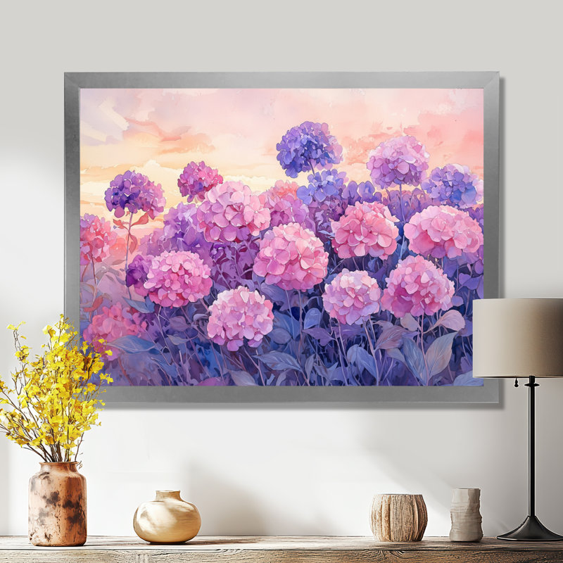 Illijah Hydrangea Field At Dusk II - Hydrangea Wall Art, Reproduction encadrée d'une seule photo, Argent argent