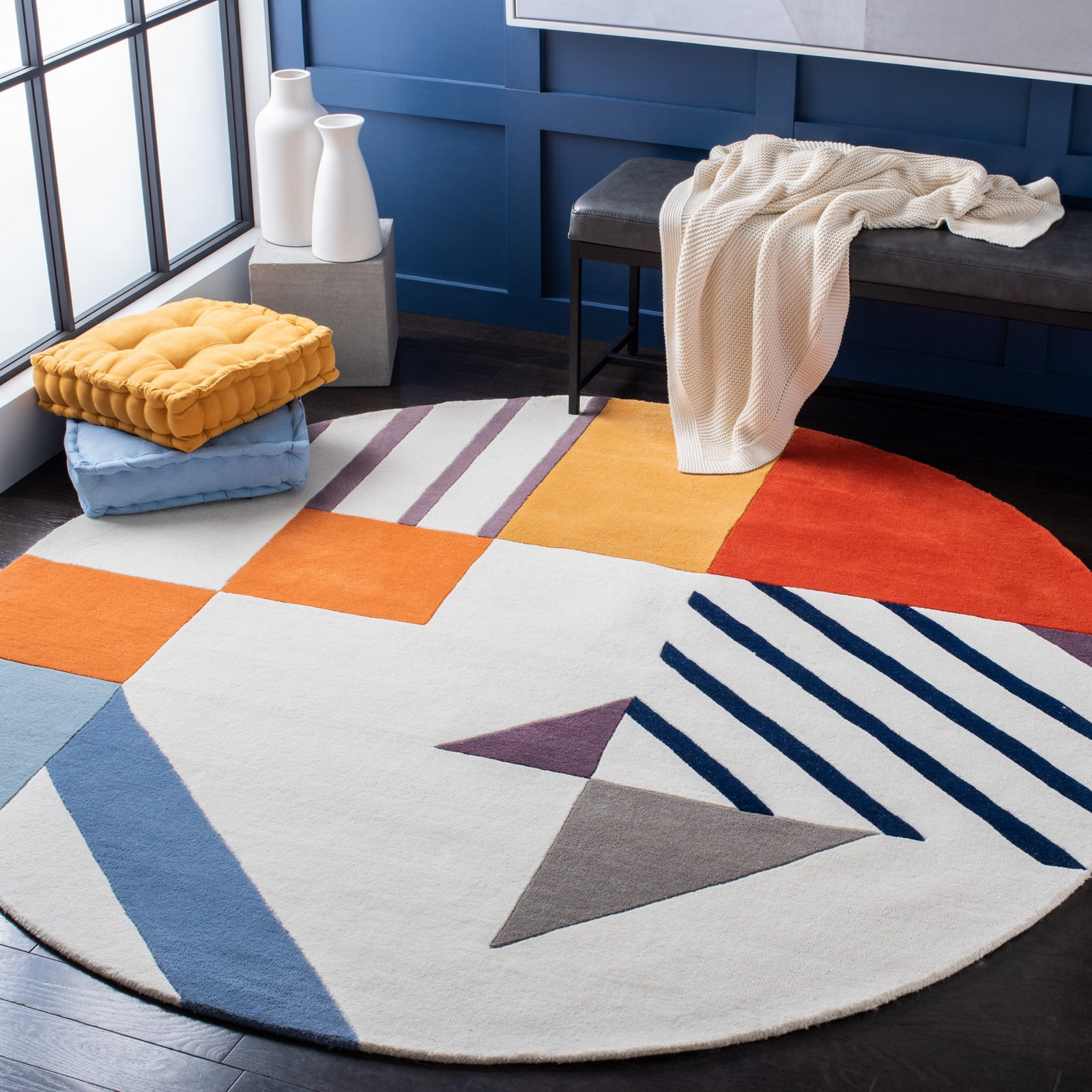 Tripoli Ivory Multi Hand-Tufted Geometric Rug, Round 7'
