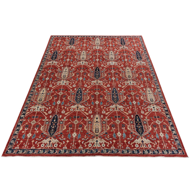 Hand Knotted Wool Area Rug in Red And Navy
