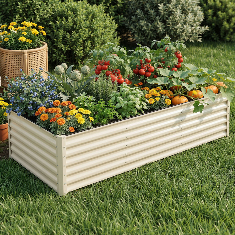 Galvanized Raised Garden Bed With Gloves, Cream, 24" H x 96" W x 48" D