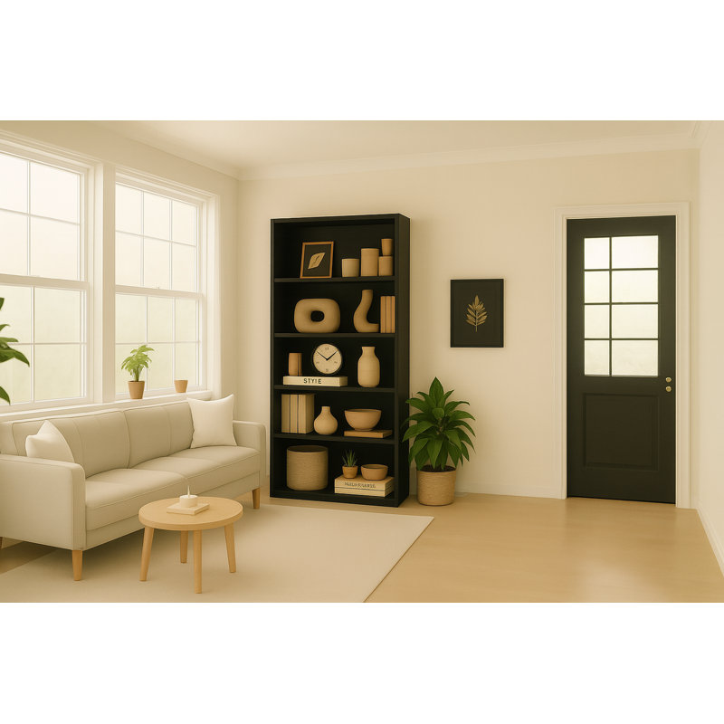 Bibliothèque noire à 5 niveaux avec rangement - unité moderne à plusieurs tablettes pour le bureau à domicile et le salon