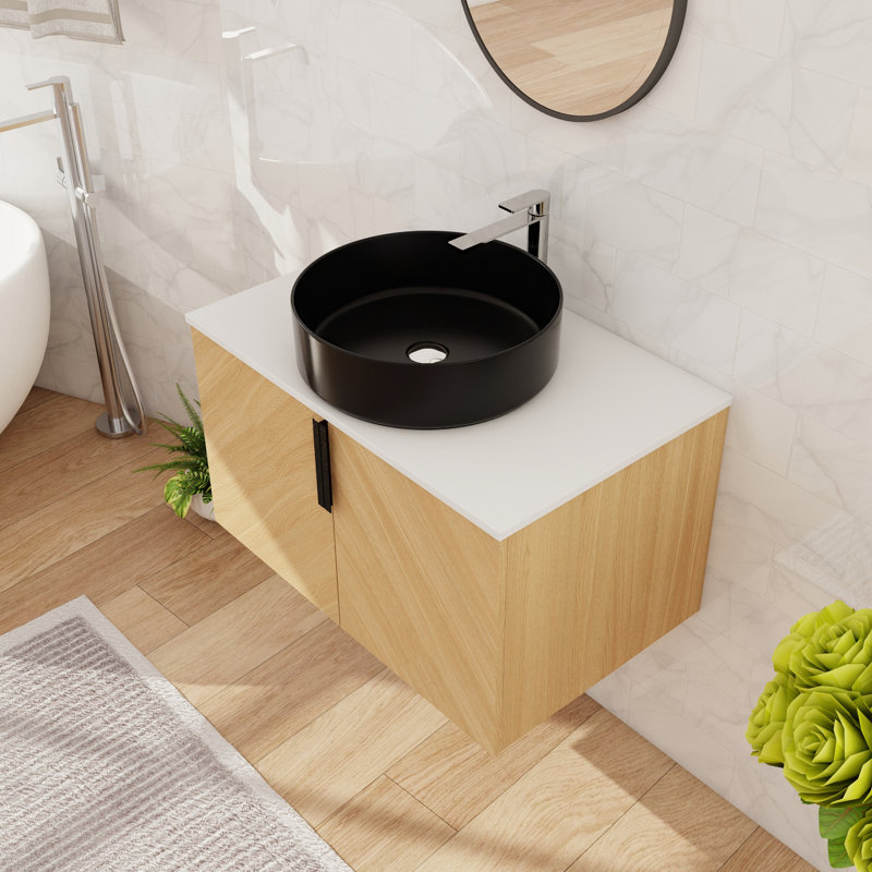 30'' Single Floating Bathroom Vanity With Ceramic Art Sink, Wall Mounted Bathroom Vanity With 2 Soft Close Doors, Black