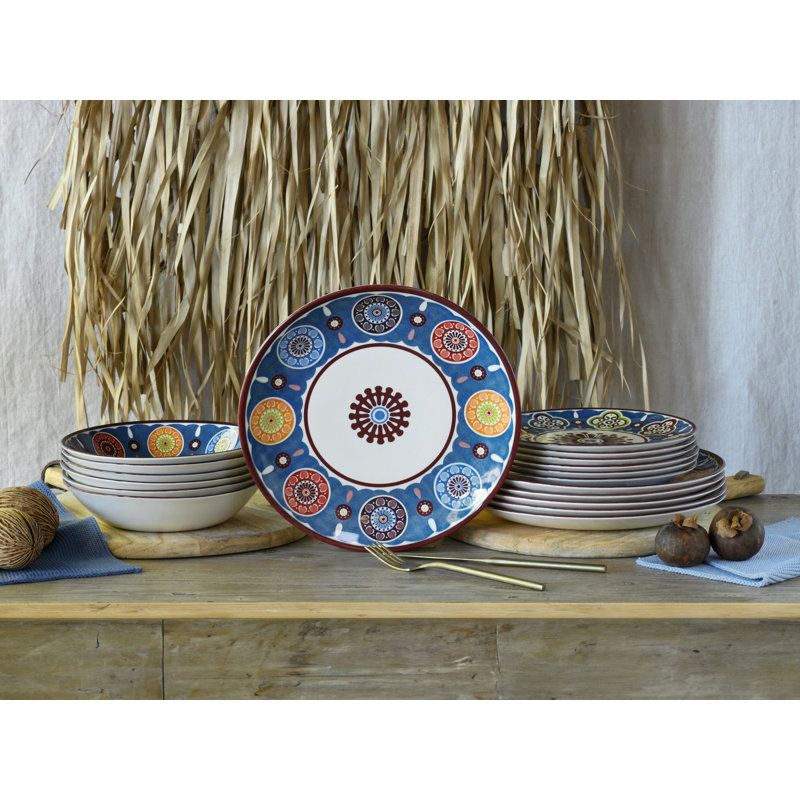 Sumaya 18 Piece Stoneware Dinnerware Set, Blue/White/Grey