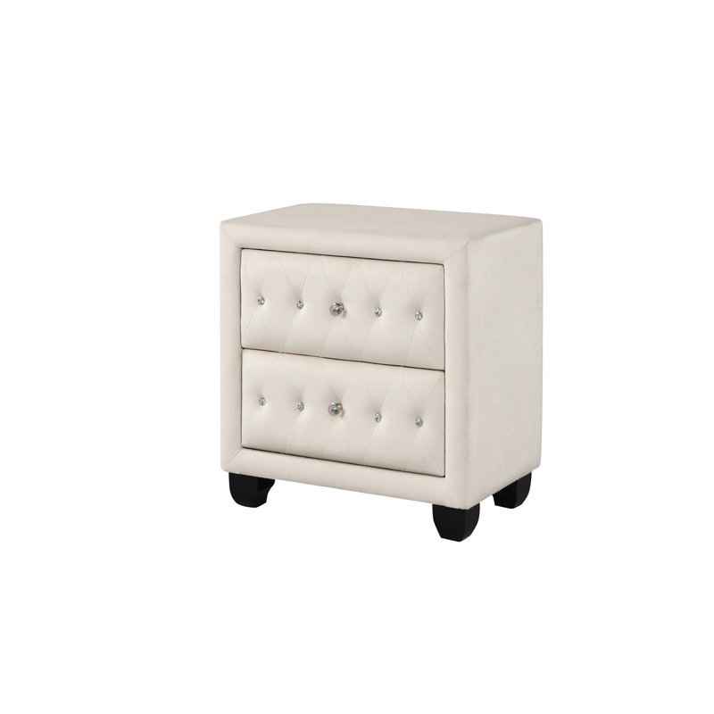 Table de chevet contemporaine à 2 tiroirs en velours crème et cristal, Crème