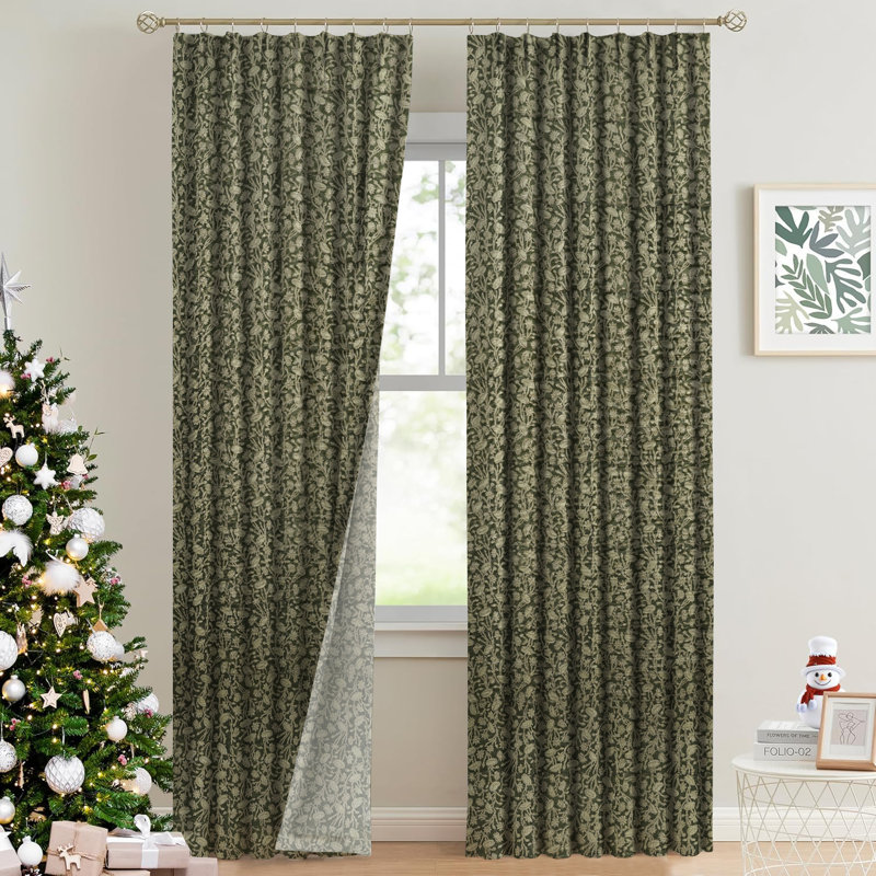 Fabdivine Green or Brown Handmade Floral Block Print 100% Blackout Room Darkening Elegant Window and Door, Patio Hook Drapes Thick Linen Spring, Summer 27x63 Inches for Living Room, Pista