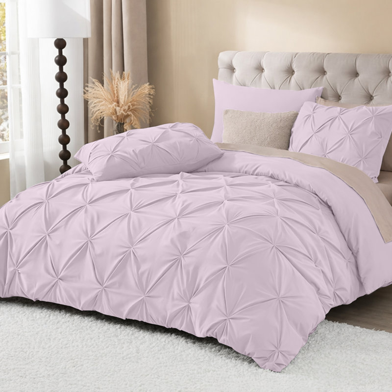  Luxurious Microfiber Pintuck Design Duvet Cover With Pillowcases , Double Duvet Cover + 2 Standard Pillowcases, Pink
