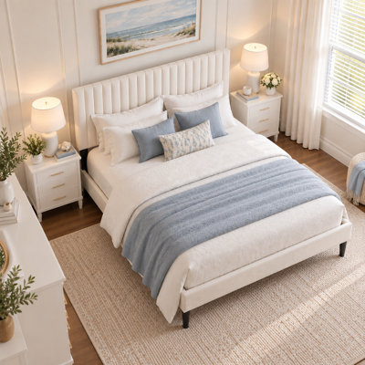 Lit rembourré avec tête de lit ajustable et sommier à lattes en bois, beige