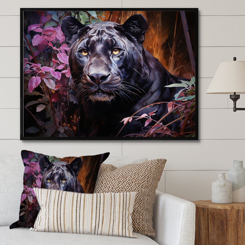 Purple Panther Romantic Twilight Watercolor - Animals Canvas Prints, Cadre flottant noir, H 16 po x l 32 po x P 1 po