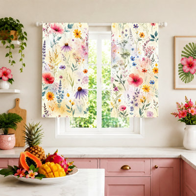 2Pcs Vibrant Floral Curtains, Light Filtering Fabric, Artistic Watercolor Meadow Print, Sunshade and Privacy Protection, Rod-Pocket Design, Suitable for Living Room, Bedroom, Balcony, Kitchen Home Decoration